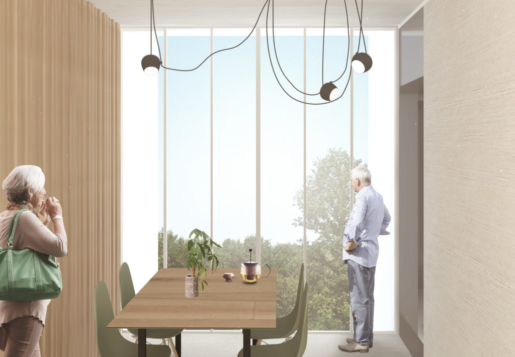 Image de synthèse de la pièce de vie de l'intérieur d'un logement où une grande baie vitrée toute hauteur permet une vue dégagée sur la forêt.