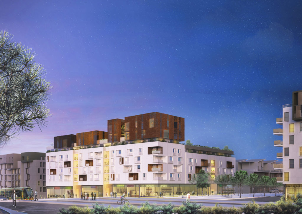 Perspective de nuit du bâtiment dans son contexte urbain : la ZAC des grisettes à Montpellier. Programme mixte: commerces et logements.