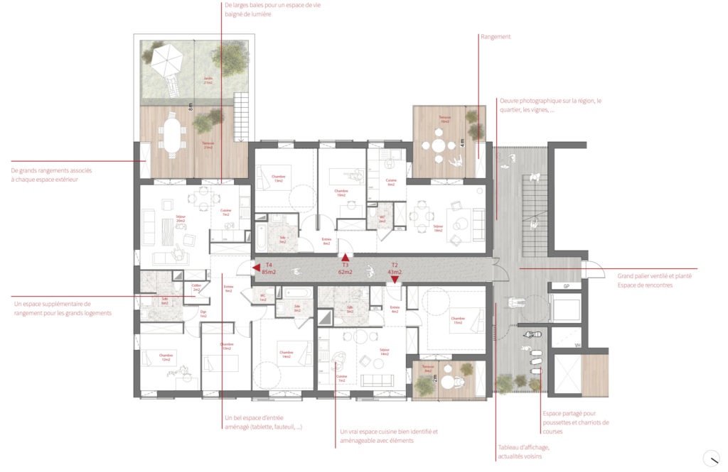 Visuel représentant un plan d'étage type. Chaque logement dispose d'un espace extérieur.