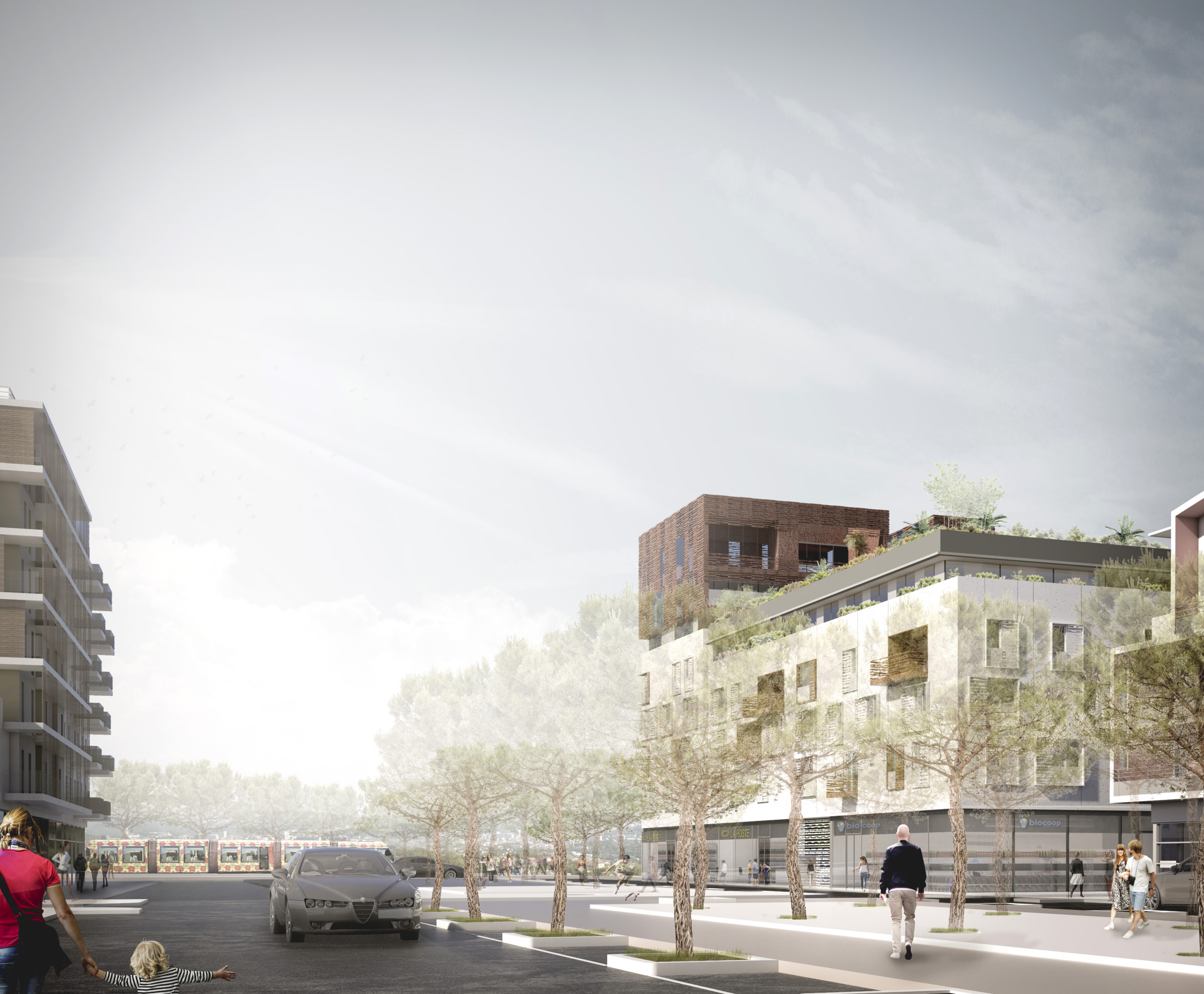 Perspective du bâtiment dans son contexte urbain. Vue depuis la rue dans la ZAC des grisettes à Montpellier.